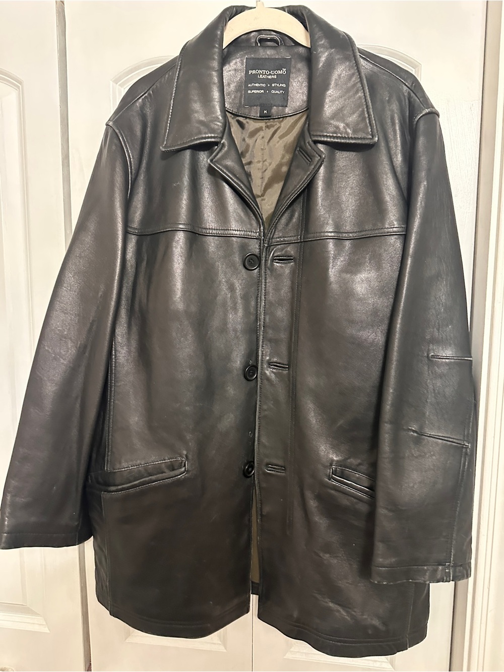 Pronto Uomo Black Leather Pea Coat
